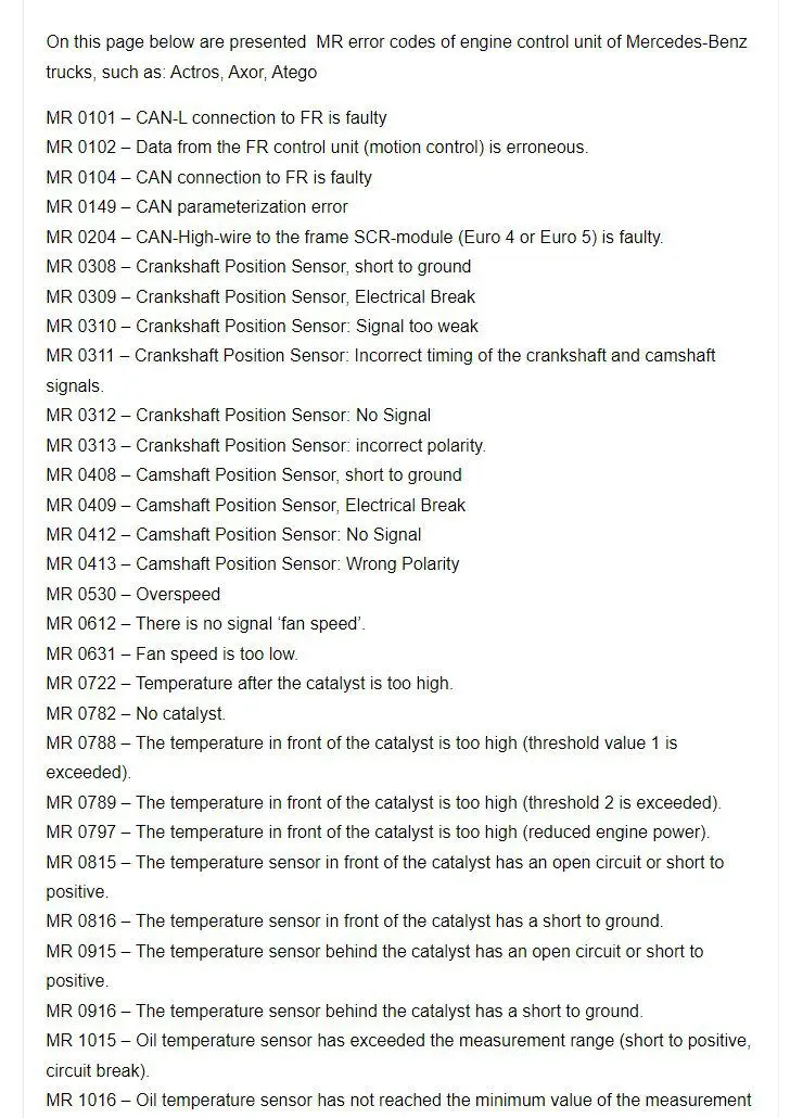 Mercedes Benz Troubleshooting Codes