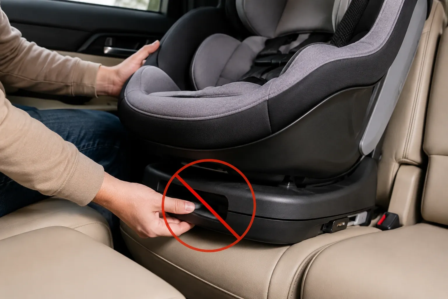 Adjusting the tension of the LATCH straps on a car seat base.