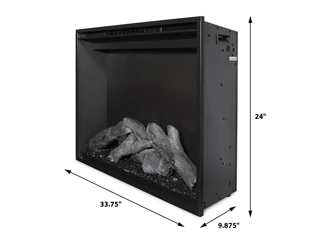 Adjusting the thermostat settings on a modern electric fireplace control panel.