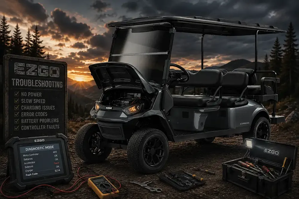 Checking the battery terminal connections on an EZGO RXV golf cart.