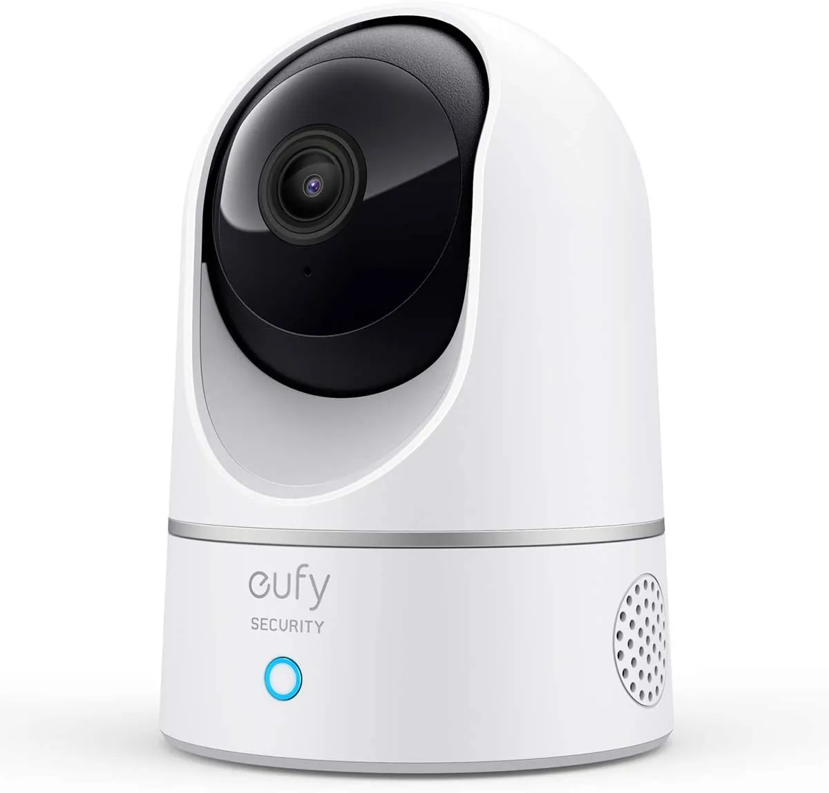 A close-up of a smart camera with a red warning light illuminated.