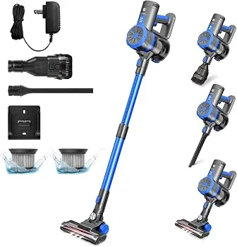 A cordless stick vacuum mounted on a wall in an organized laundry room.