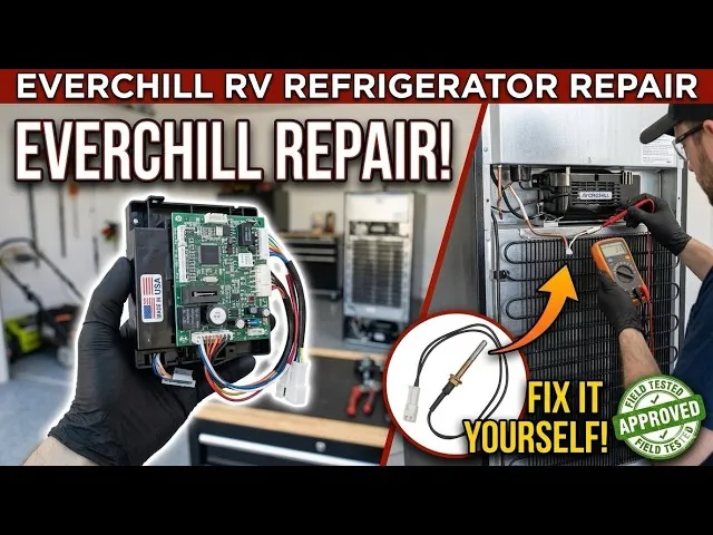 Dust and debris blocking the ventilation area behind an Everchill RV refrigerator unit.