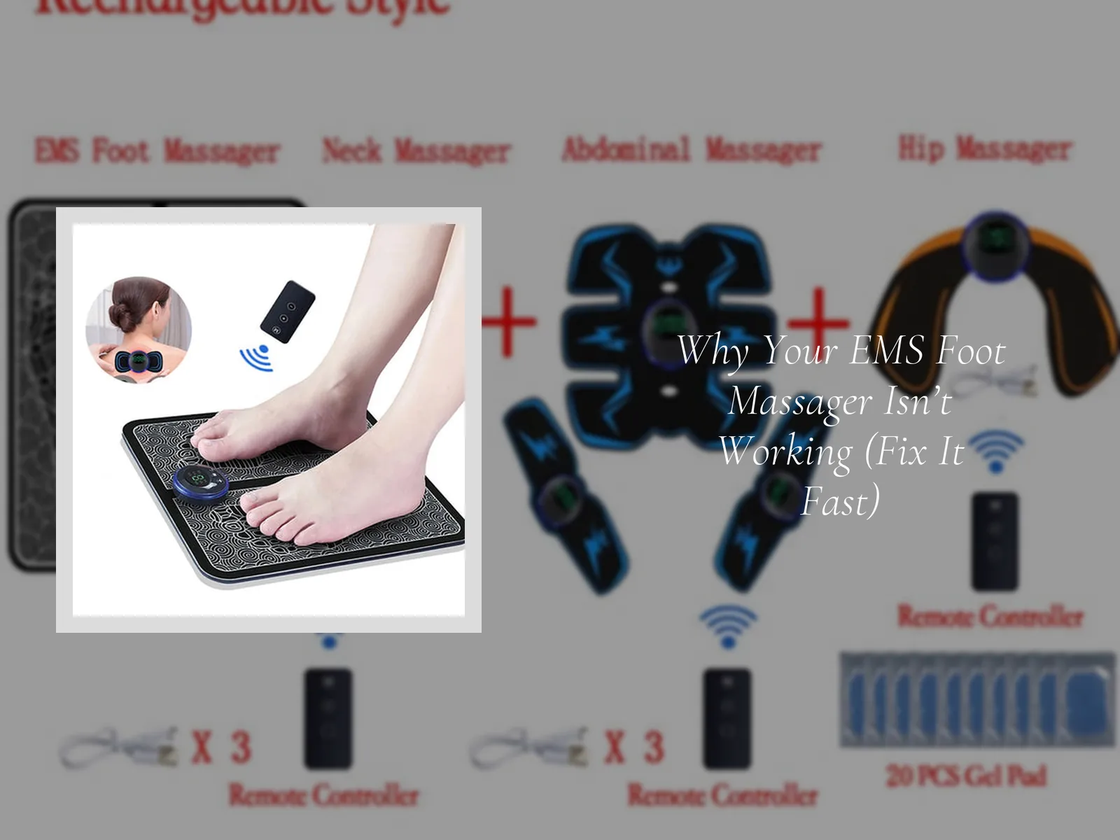 Feet resting on an EMS foot massager to ensure proper electrical conductivity and usage.
