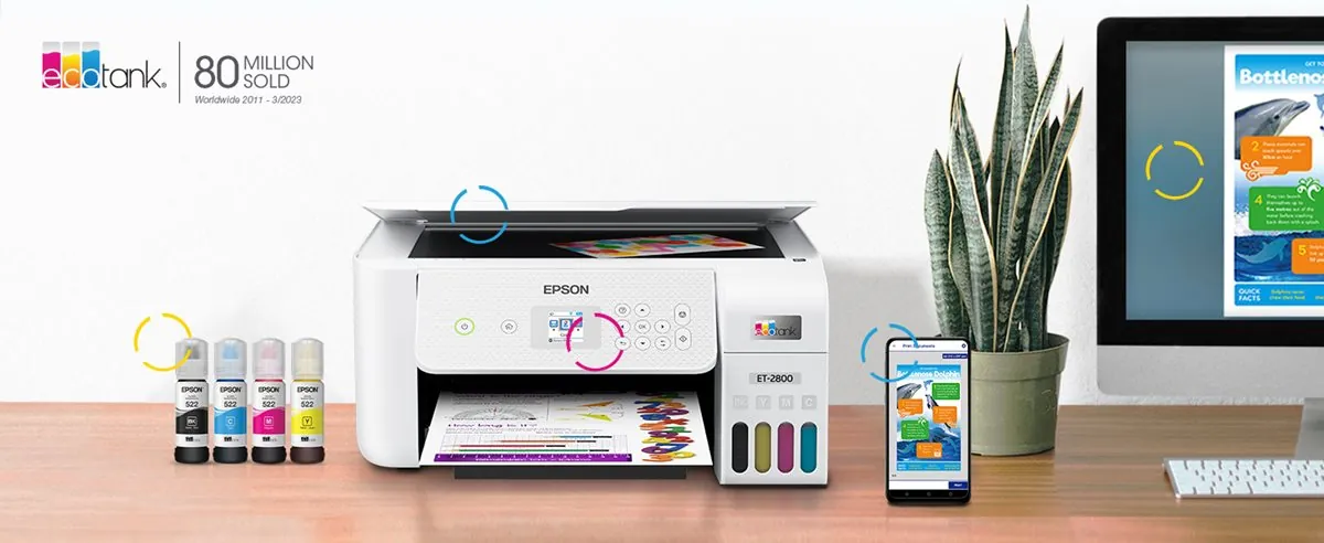 A genuine ink bottle aligns with the color-coded port of the printer.