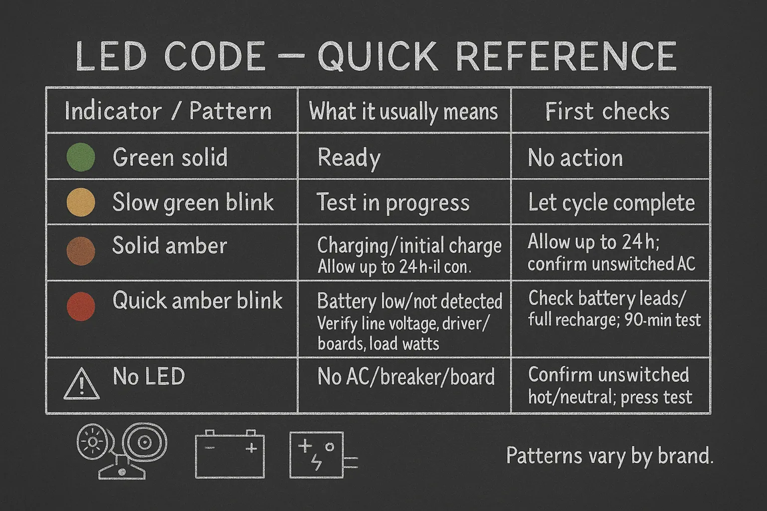A hand presses the test button on an emergency light to check battery function.