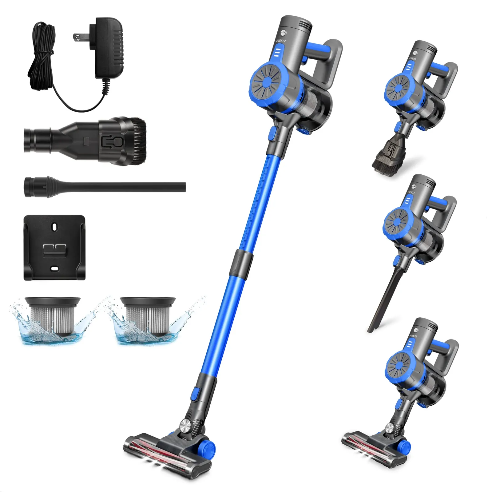 Hands removing a dusty filter from a cordless stick vacuum for cleaning.