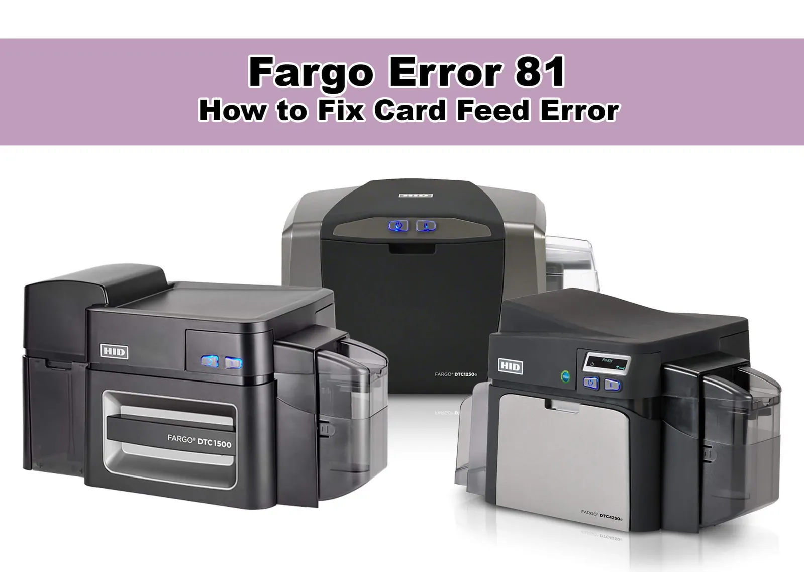 Internal view of a Fargo DTC1250e printer showing a card jam causing a mechanical error.