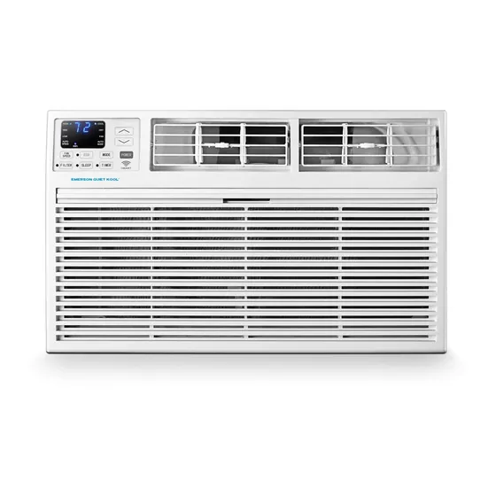 A person carefully cleaning the air filter of an Emerson Quiet Kool unit indoors.