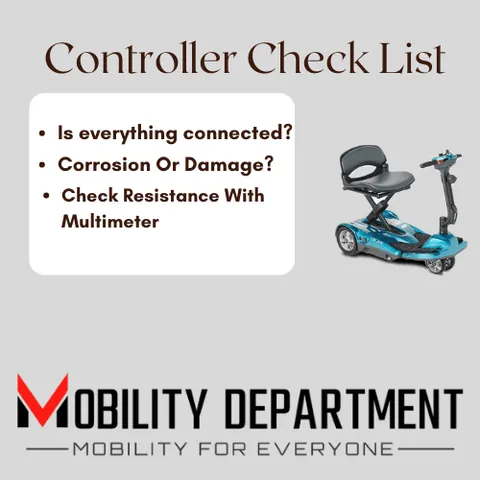 A person performing routine maintenance checks on a mobility scooter tire.