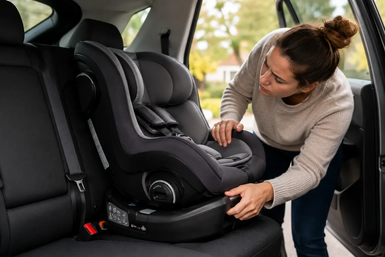 Small debris trapped inside the circular track of a rotating car seat base.