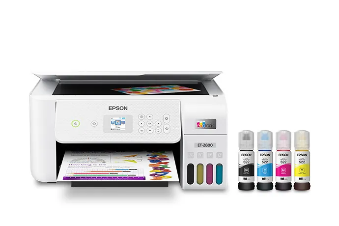 Transparent ink tanks on an EcoTank printer show levels above the minimum line.