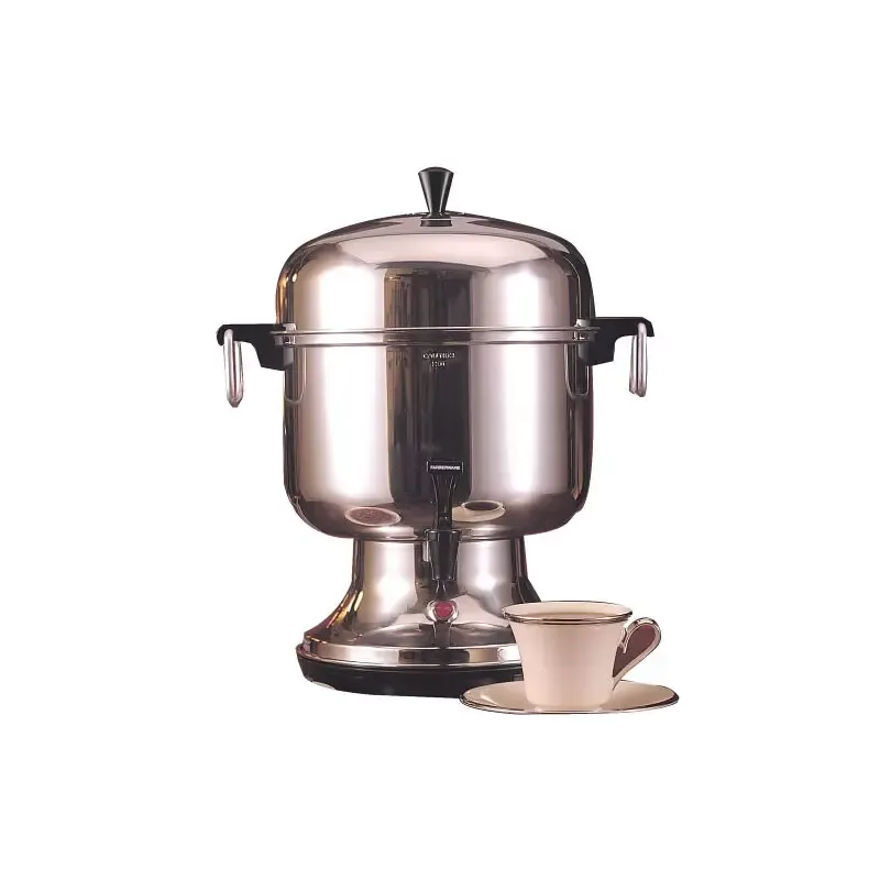 Vinegar and water solution being poured into a Farberware percolator for cleaning.