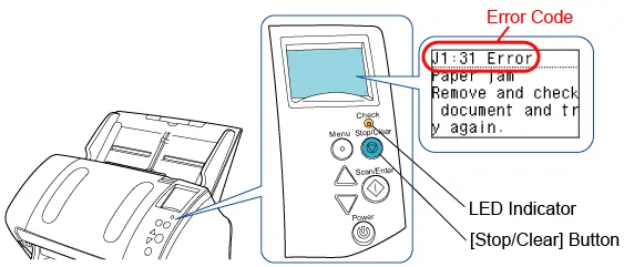 Close-up of a document scanner glass surface showing debris affecting Fujitsu scanner connection issues.