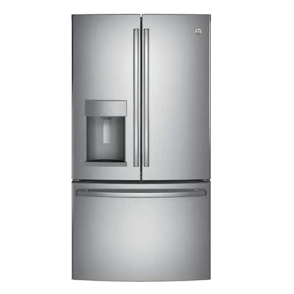 Food containers blocking the rear air vent inside a French-door refrigerator.
