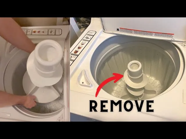 Hands balancing a load of laundry inside a GE top load agitator washer.