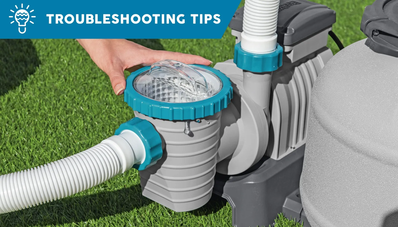 A person inspects a dirty skimmer basket to troubleshoot Flowclear pool pump flow issues.
