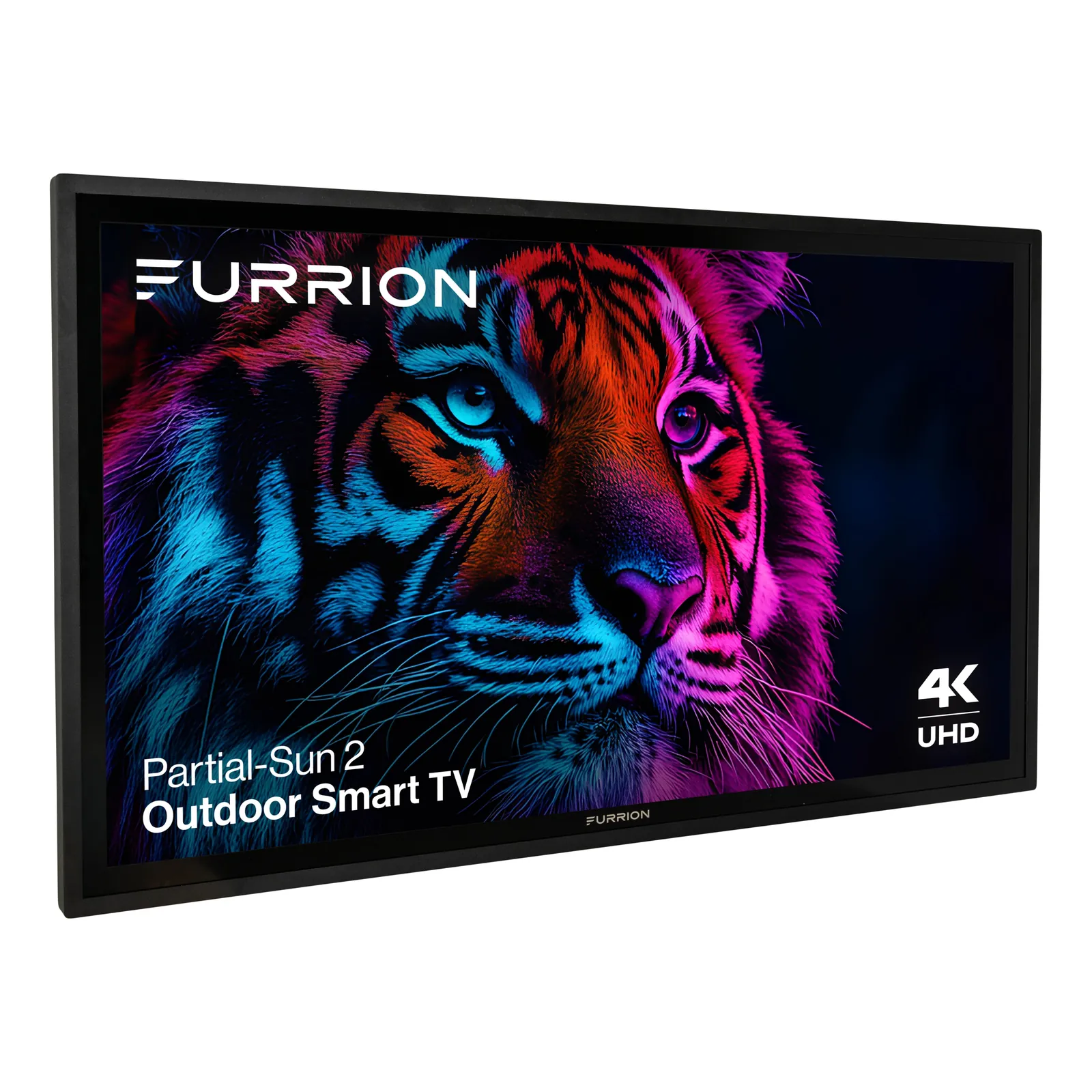 A person using a remote control to troubleshoot a black Furrion television screen.