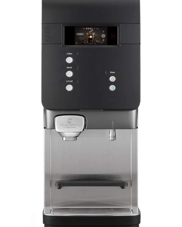 A technician carefully seating a coffee concentrate pack into a commercial machine cradle.