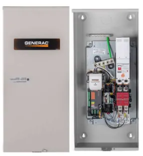 A technician inspects utility side fuses inside an open Generac automatic transfer switch box.