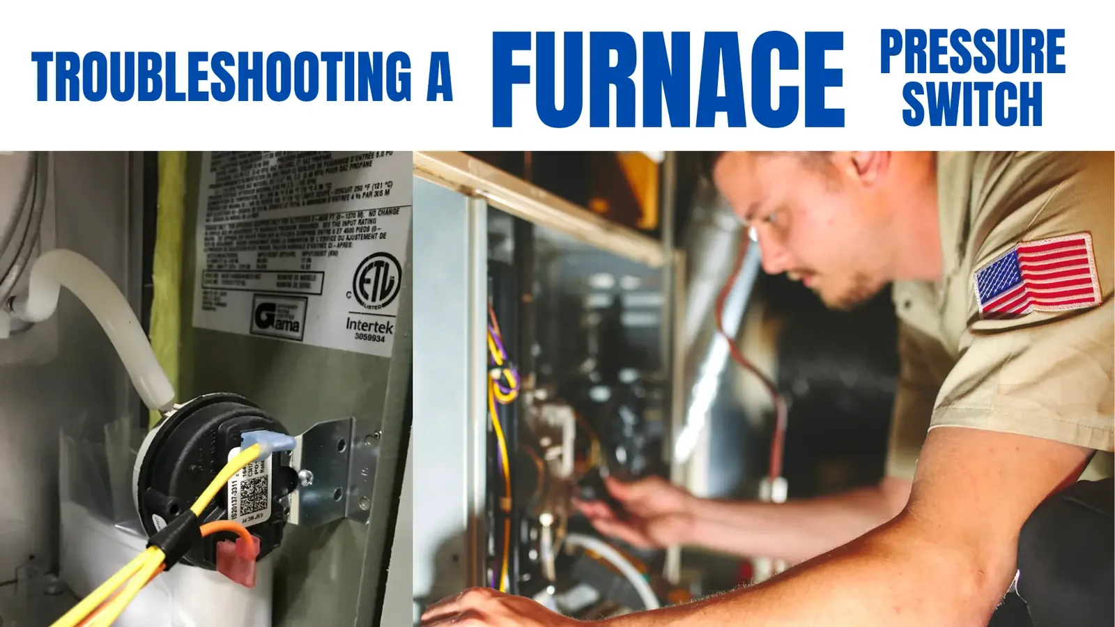 A technician testing the electrical connections of a furnace pressure switch with a multimeter.