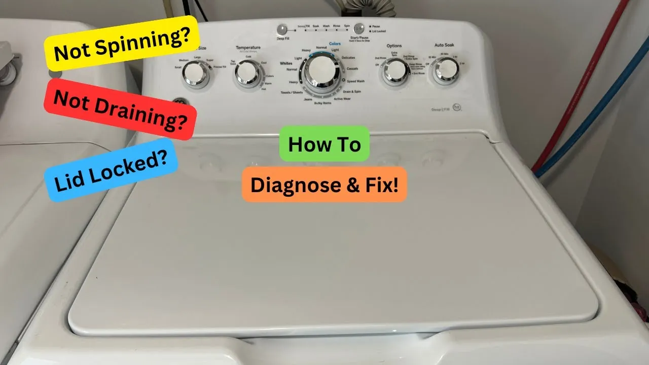 Wet laundry is bunched to one side inside a washing machine drum.